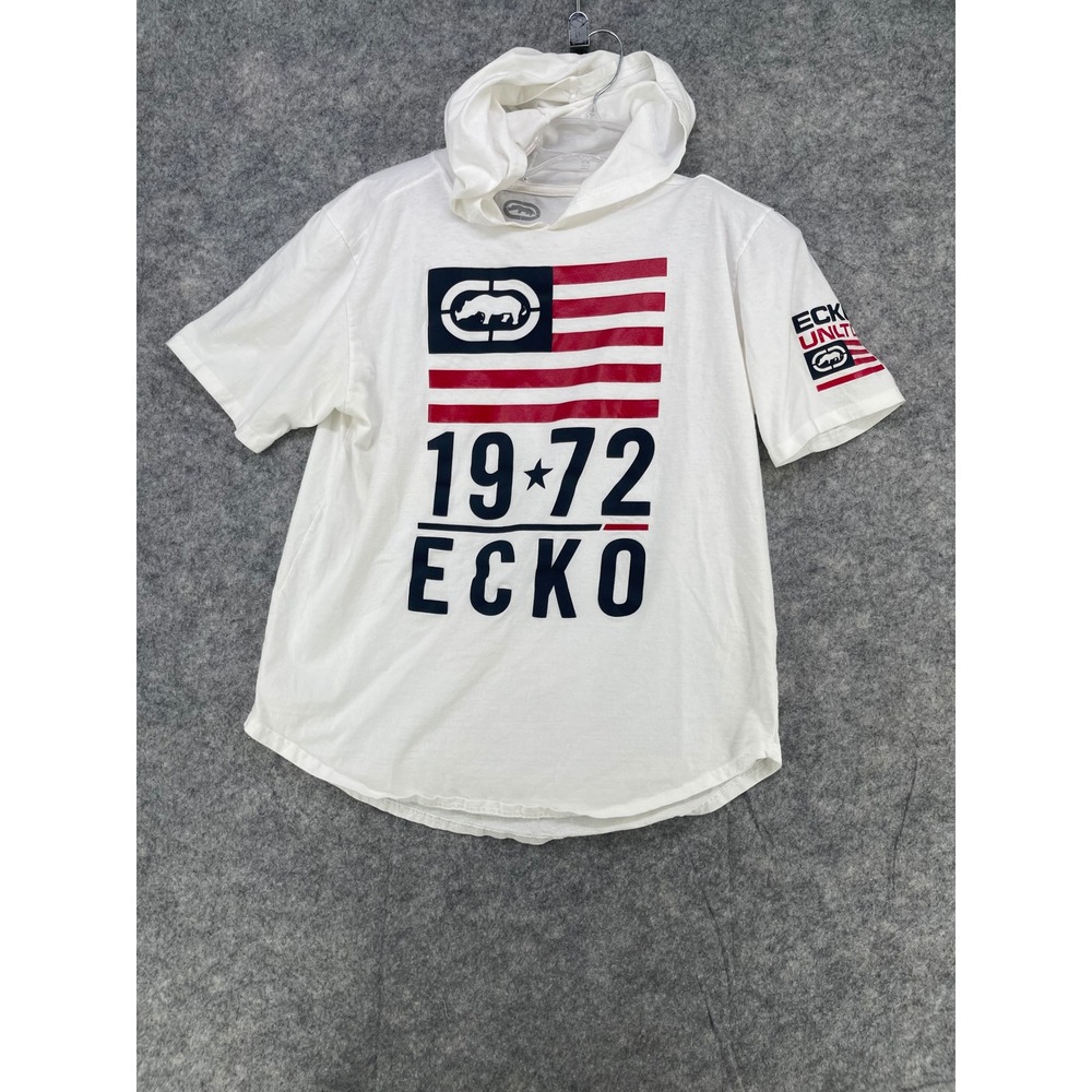 VTG Ecko Unltd Hooded T-Shirt Mens XL White Rhino Graphic Urban Streetwear Rap